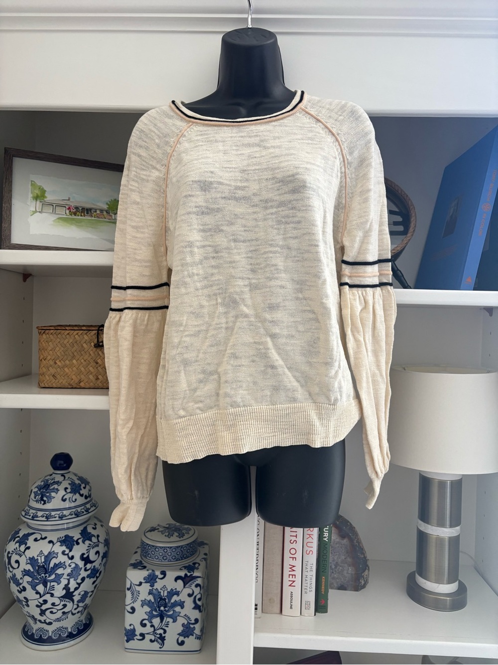 White + Warren Cream Crewneck Sweater with Black Stripe Trim Balloon Sleeve